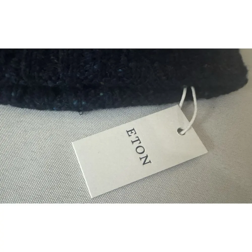 NWT Eton Navy Blue Donegal Leather Logo Patch Wool Beanie $150.00 *2026 Style*